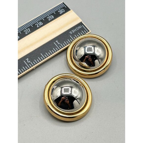 Vintage Signed Napier Clip On Earrings Domed Two Tones Silver Gold Round Buttons - Picture 7 of 7
